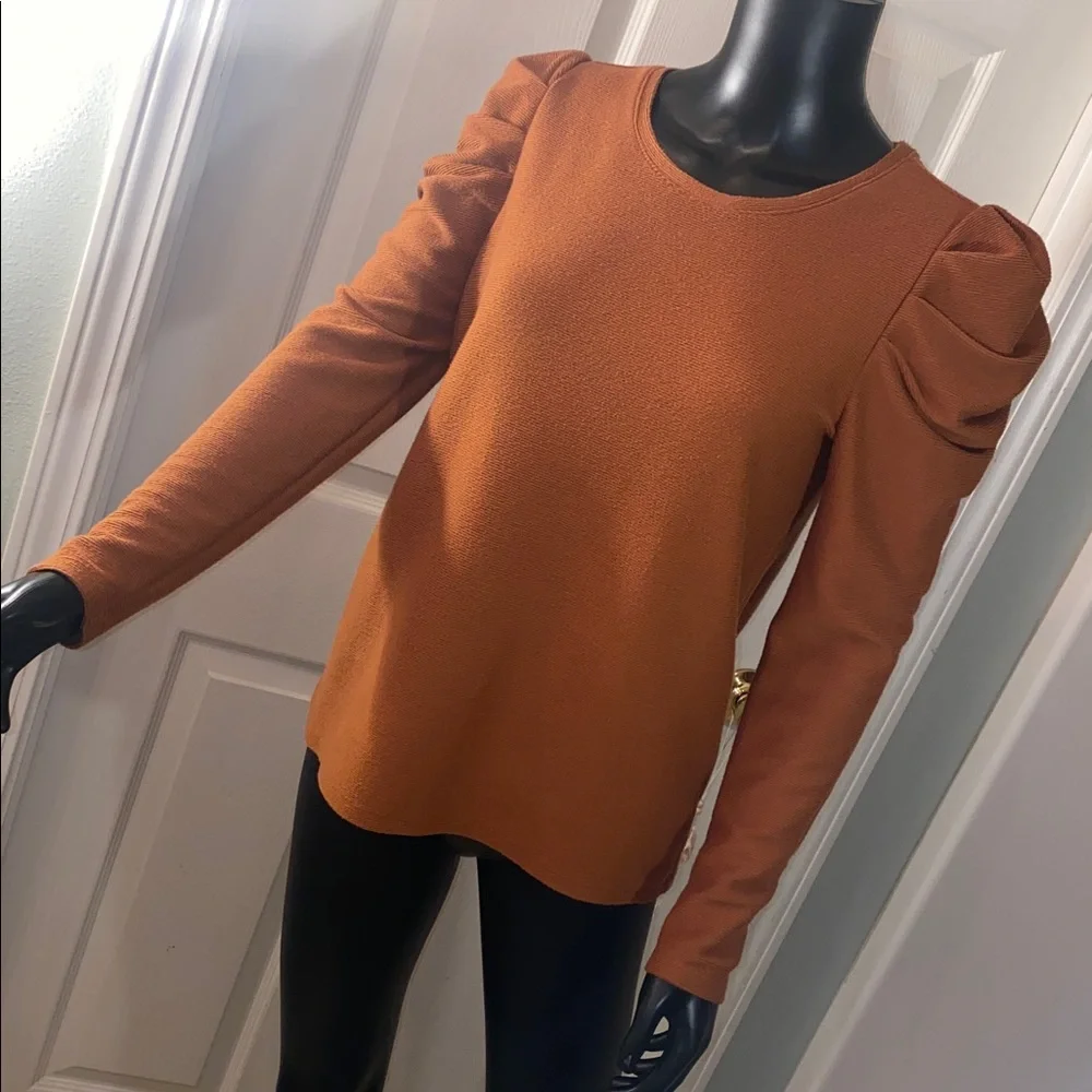 Nine West Burnt Orange Brown Puff Sleeve Sweater Blouse Top